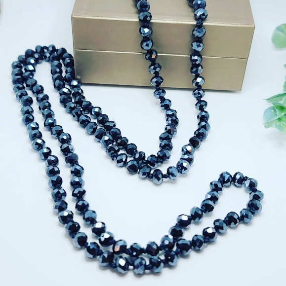 Navy Blue Czech glass long necklace - Picture 3 of 5